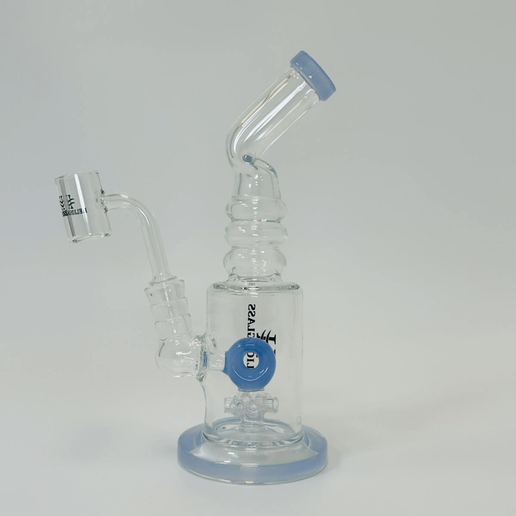 Helios Glass - 8 Inch Waterpipe - Bent Neck, Ribbed Ring With Donut Showerhead Perc and Banger-Blue