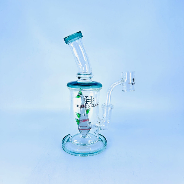 Helios Glass Waterpipe - 7.5 Inch - Bent Neck Color Rim With Fish Perc -Green