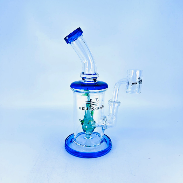 Helios Glass Waterpipe - 7.5 Inch - Bent Neck Color Rim With Fish Perc -Dark Blue