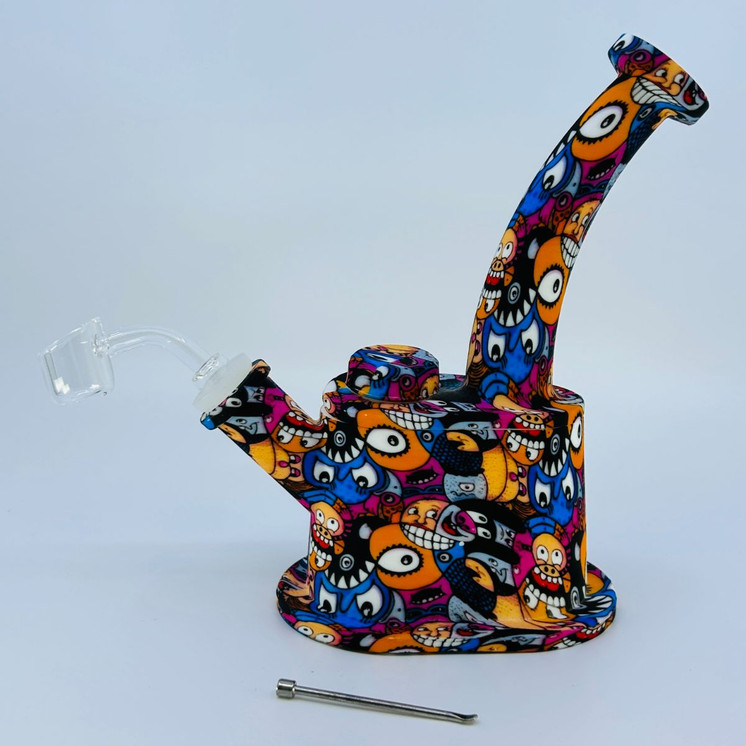 Waterpipe -  8 Inches -  Silicone Bent Neck - With Tattoo Print - Assorted Design