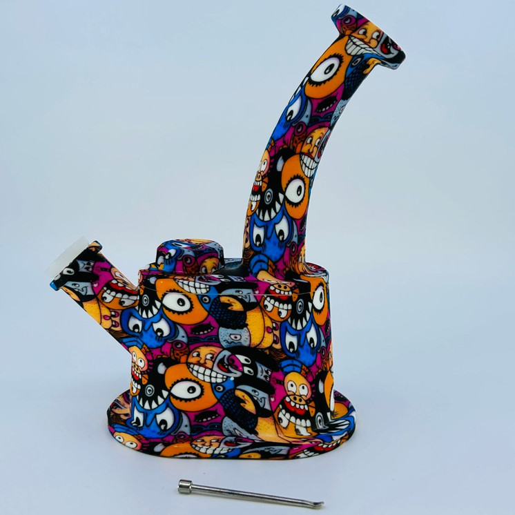 Waterpipe -  8 Inches -  Silicone Bent Neck - With Tattoo Print - Assorted Design