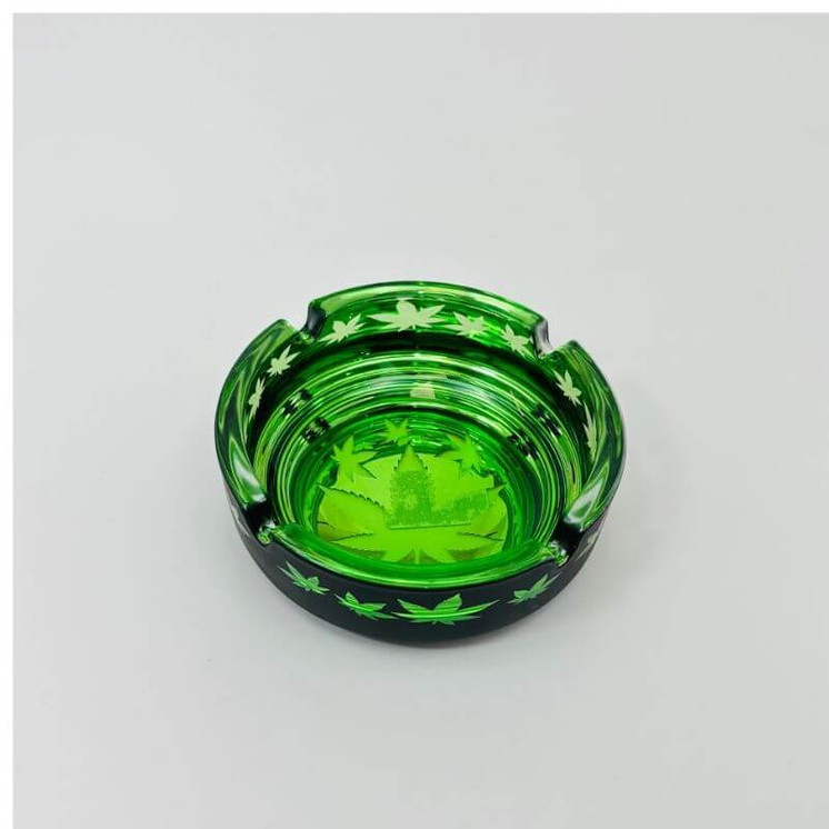 Glass Ashtray 4.5x1.5 Inches Frosted -BLACK GREEN  LEAVES (AT03)