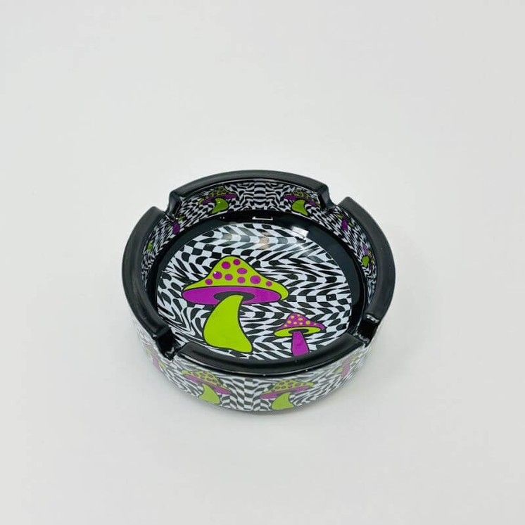 Glass Ashtray 4.5x1.5 Inches-BLACK-WHITE MUSHROOM (AT05)