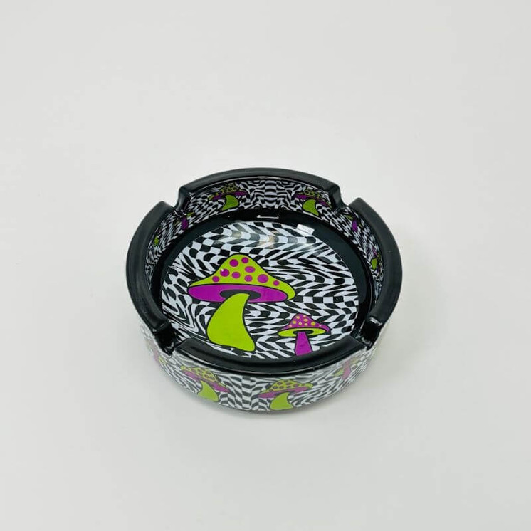 Glass Ashtray 4.5x1.5 Inches-BLACK-WHITE MUSHROOM (AT05)