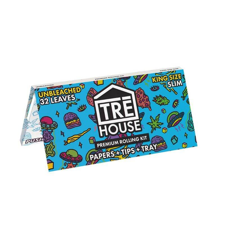 Tre House - Premium Rolling Kit - Papers and Tips - Tray - 1 1/4 Size - 32 packs - 20 Packs Per Box -Unbleached