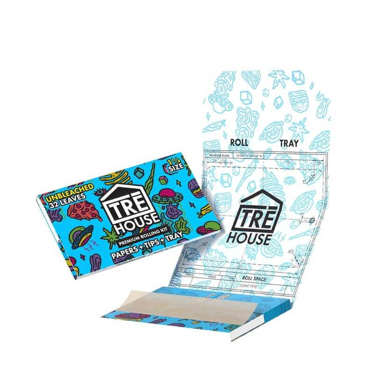 Tre House - Premium Rolling Kit - Papers and Tips - Tray - 1 1/4 Size - 32 packs - 20 Packs Per Box -Unbleached