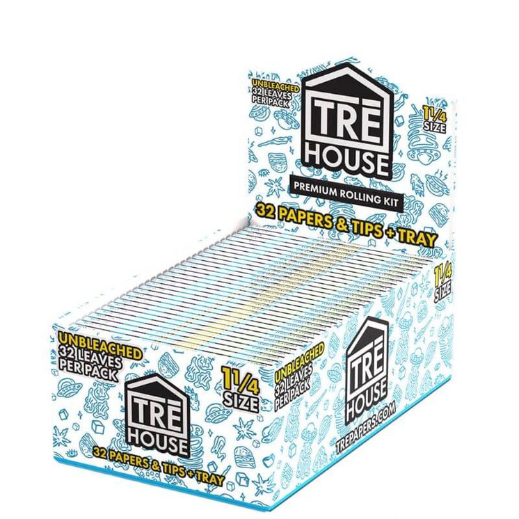 Tre House - Premium Rolling Kit - Papers and Tips - Tray - 1 1/4 Size - 32 packs - 20 Packs Per Box -Unbleached