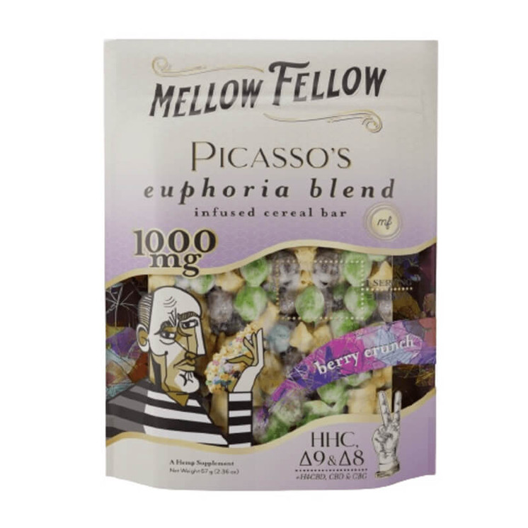 Mellow Fellow Picasso Euphoria Blend Delta 8+Delta 9+hhc+h4cbd Cereal Bar - 1000mg - 2.36oz - Berry Crunch