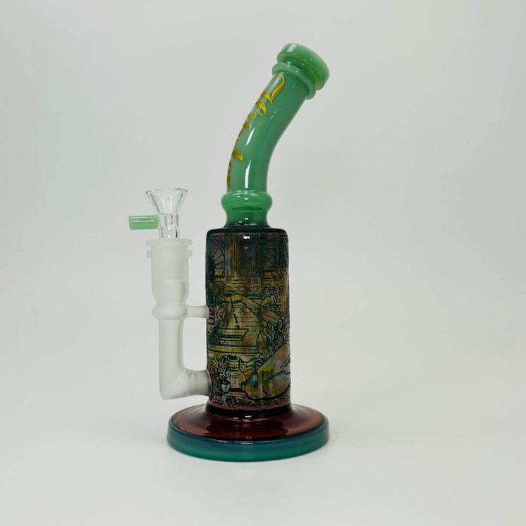 Hipster - 10 Inches Bent Neck Waterpipe With Fancy Designs - (LF048) Green Accent 