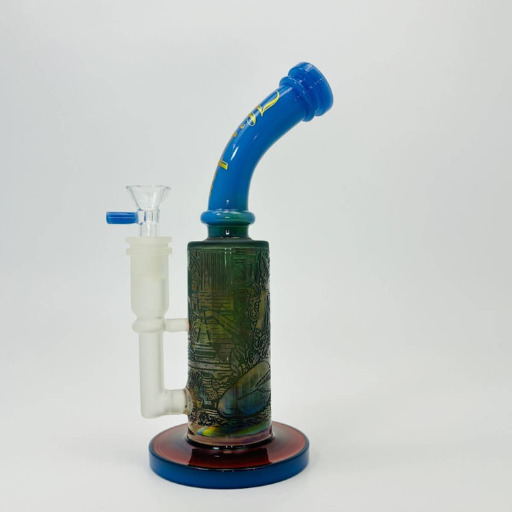 Hipster - 10 Inches Bent Neck Waterpipe With Fancy Designs - (LF048) Slime Blue 