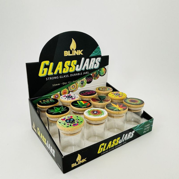 Blink - Glass Jars Bamboo Lid Small Size - 4 Grams - 53mm - 12 Per Display - Assorted Design