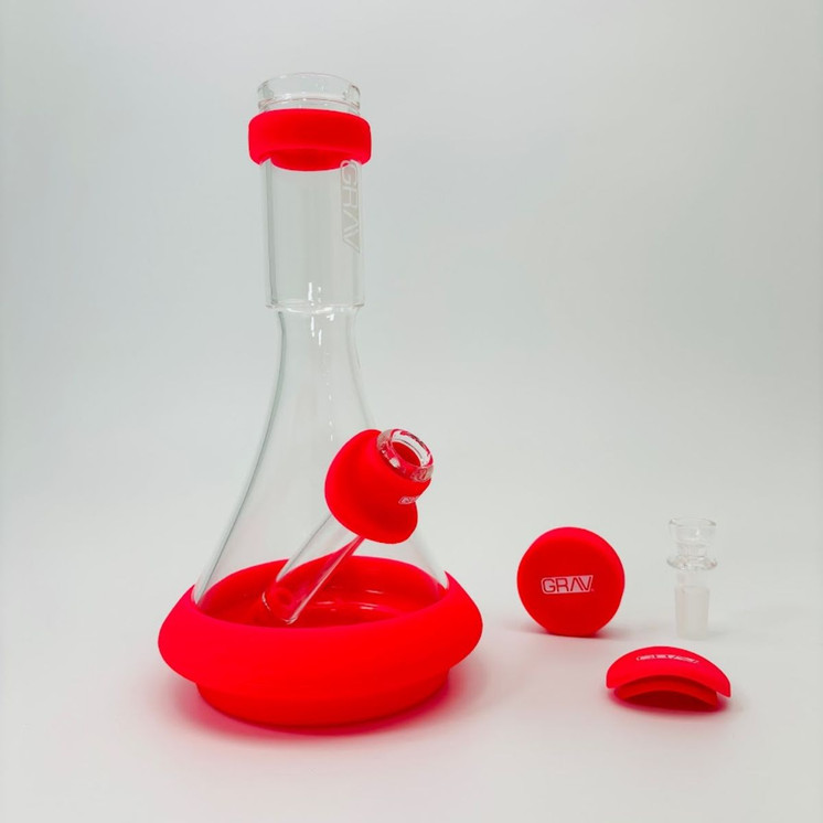 Grav - Deco Beaker Waterpipe With Silicone Accents Clear - 38db.0 -Toxic Pink