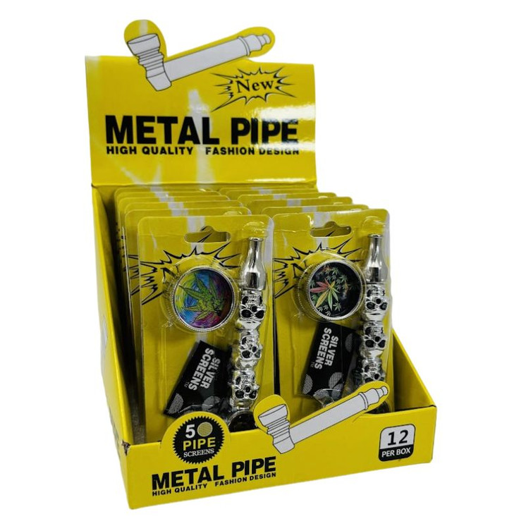 High Quality - Metal Pipe With Grinder and Screen - 12 Counts Per Display -TRIPLE SKULL