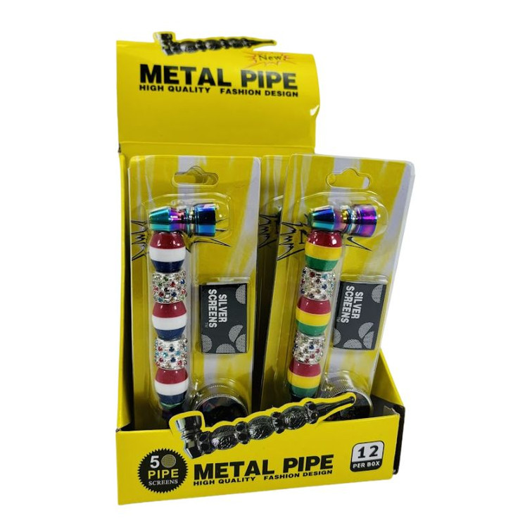 High Quality - Metal Pipe With Grinder and Screen - 12 Counts Per Display -LARGE FANCY RAINBOW