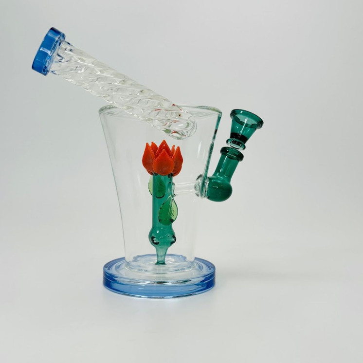 8 Inches - Waterpipe Swirl Mouthpiece With Flower Shower Perc - 45 Degree - RH-160-Blue
