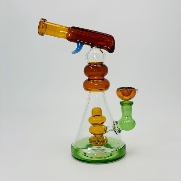  10.5-Inches-Waterpipe -Beaker With Multi-ring and Gun Art Perc-(RH-197)-AMBER GREEN
