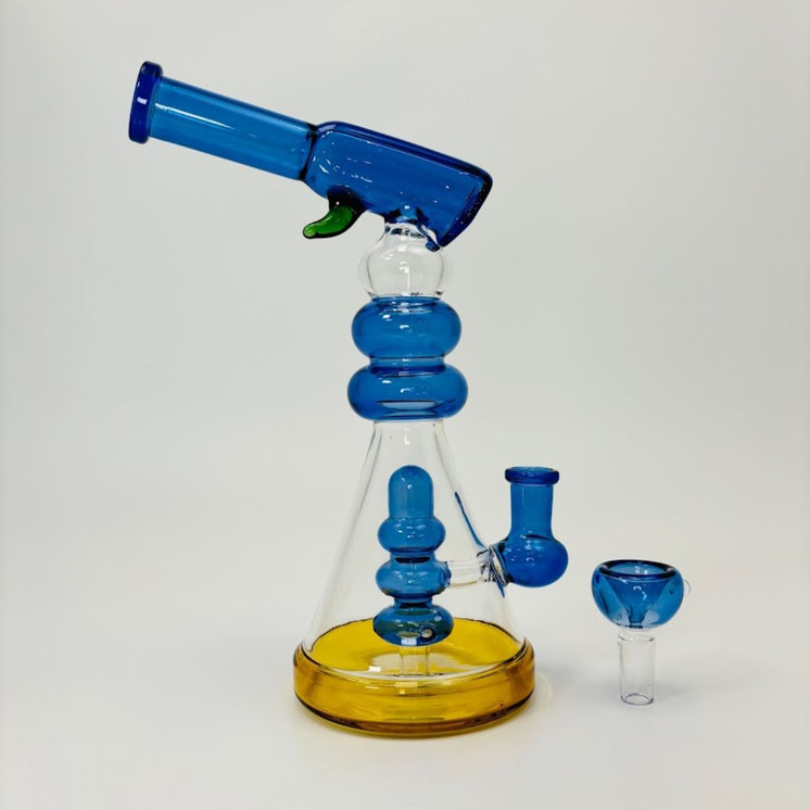 10.5-Inches-Waterpipe -Beaker With Multi-ring and Gun Art Perc-(RH-197)-BLUE AMBER