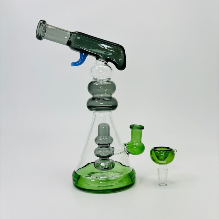  10.5-Inches-Waterpipe -Beaker With Multi-ring and Gun Art Perc-(RH-197)-GREY GREEN 