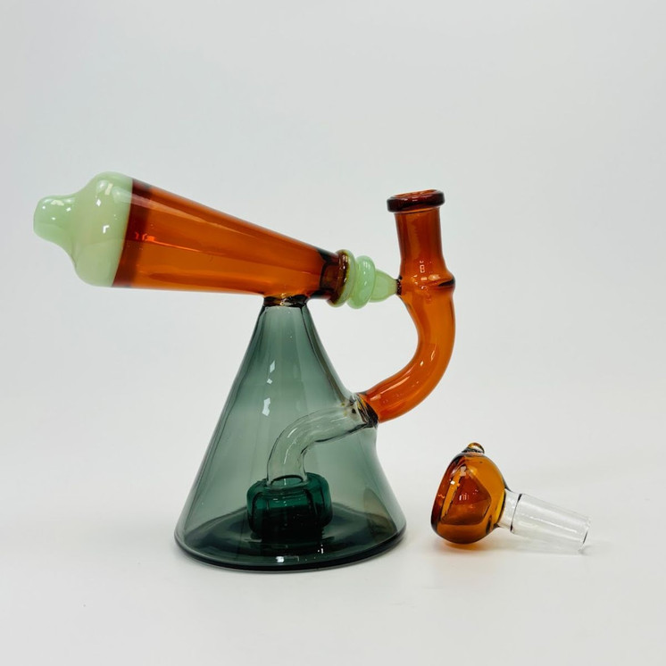 Pyramid Body With Telescope Perc Waterpipe - 6 Inches - (RH-178)-GREEN AMBER