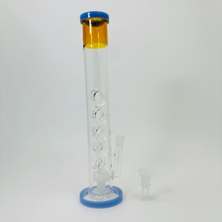 Straight Swiss Cheese Waterpipe With Showerhead Perc - 15 Inches - (RH-162)-BLUE YELLOW