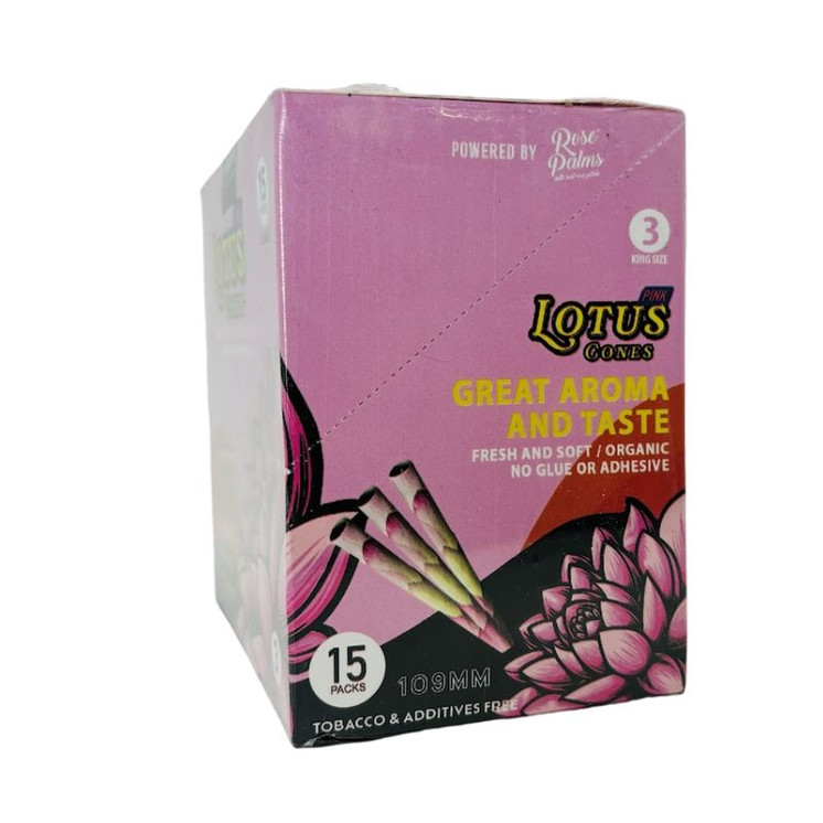 Rose Palms Lotus Cone - King Size - Pre-Rolled - Pink Cones - 3 Pieces Per Pack - 15 Packs Per Box 
