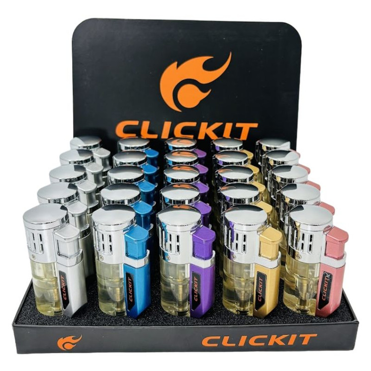 Clickit Lighter - Transparent With Led Light Triple Torch - 25 Counts Per Display - GH-10897