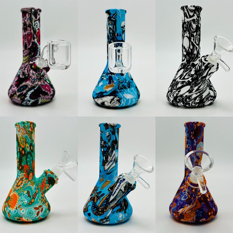 Printed Silicone Beaker Waterpipe - 5 Inch - with 14 mm Male Bowl or Banger - Assorted Colors and Designs