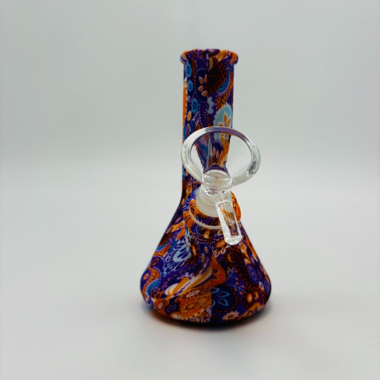 Printed Silicone Beaker Waterpipe - 5 Inch - with 14 mm Male Bowl or Banger - Assorted Colors and Designs