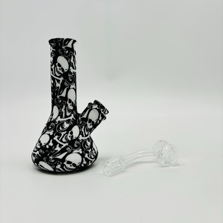 Printed Silicone Beaker Waterpipe - 5 Inch - with 14 mm Male Bowl or Banger - Assorted Colors and Designs