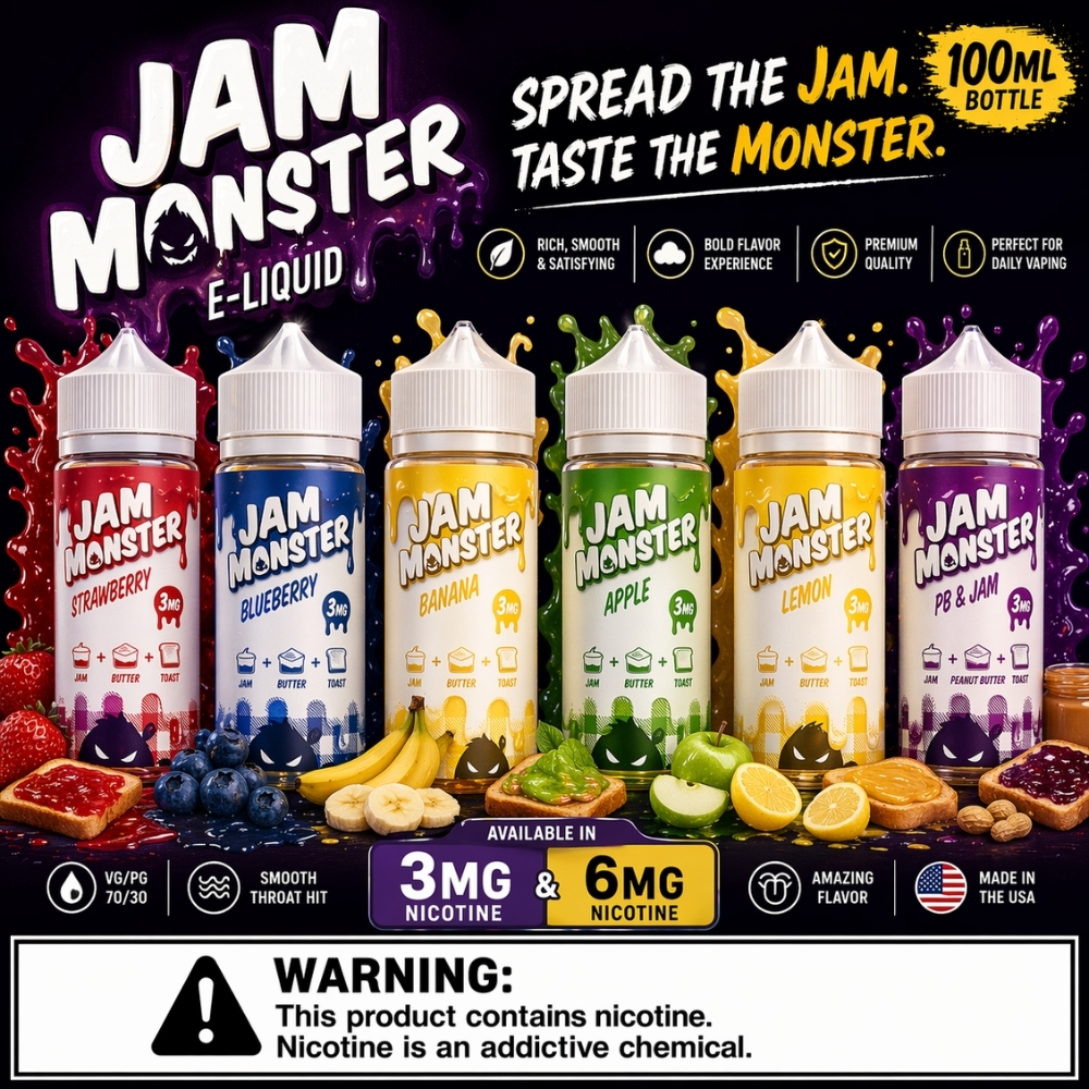 Jam Monster E-Liquid 100ml – Strawberry, Blueberry, Banana, Apple, Lemon, PB & Jam | 3mg & 6mg