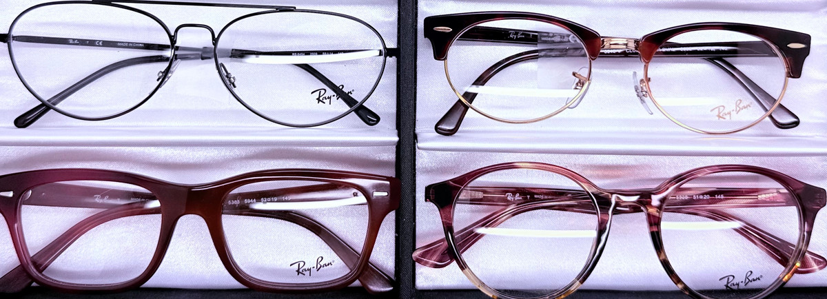 Ray-Ban Optical Kit #1 – 4 eyeglass frames in classic and modern colors with UPC-coded details. Ray-Ban Optical Kit #1 – 4 eyeglass frames in classic and modern colors with UPC-coded details.