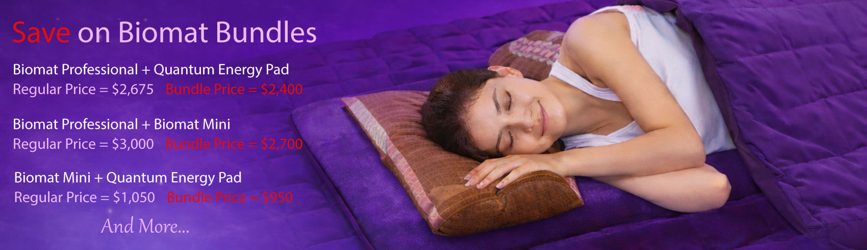 Woman lying on Biomat with Quantum Energy Pad with text that shows new bundle savings