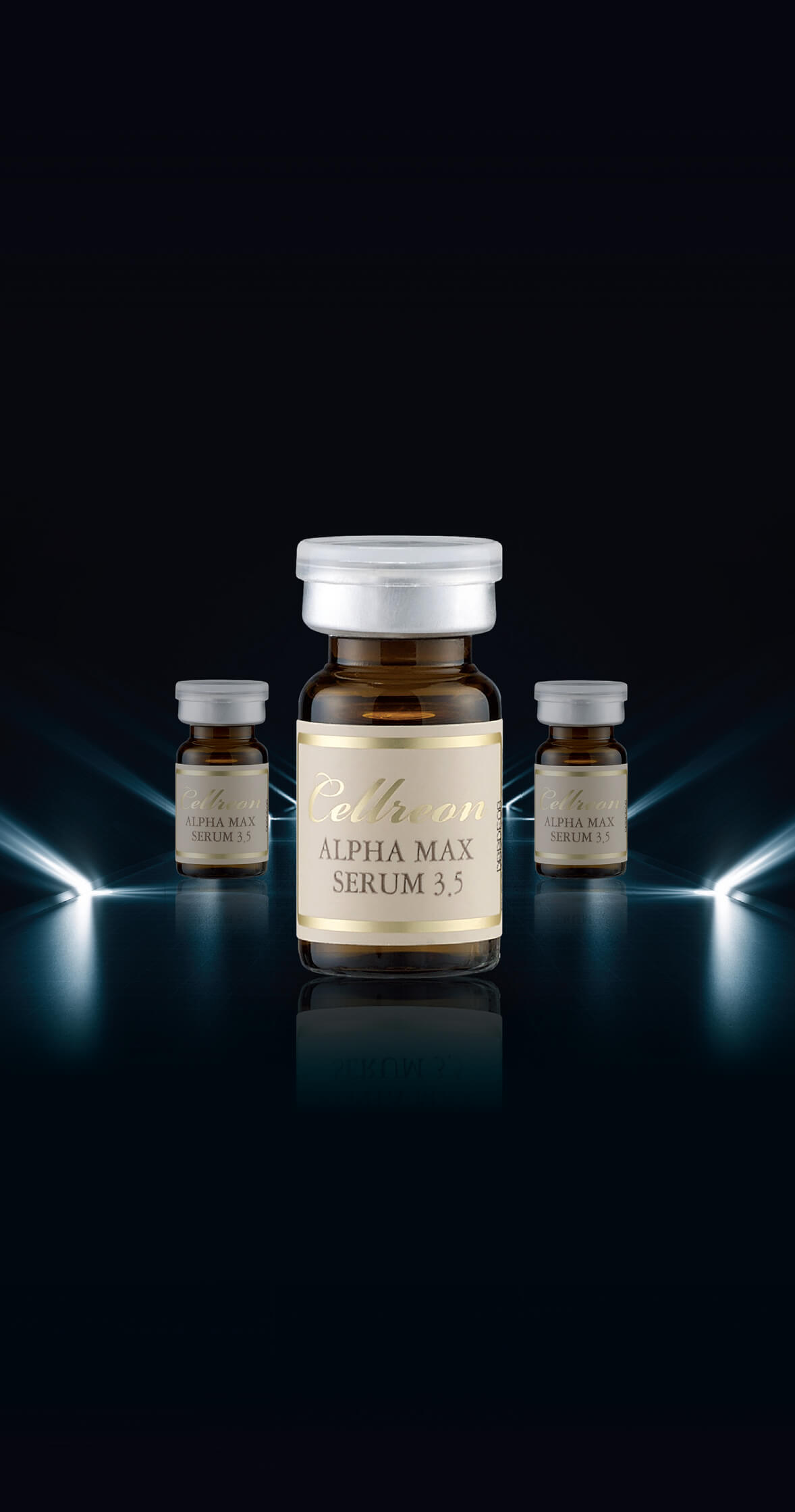 Three bottles of Alpha Max 3.5 Eye Serum against a black background in a triangular fashion