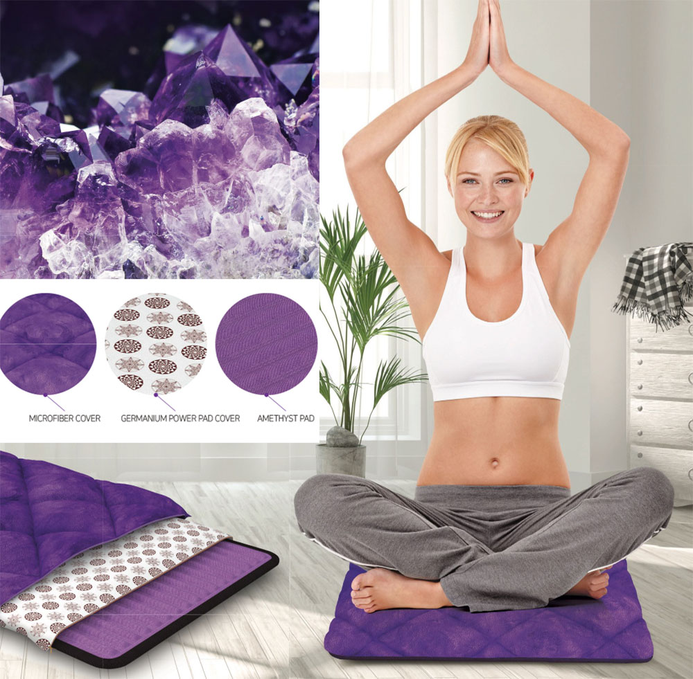 Woman on top of Richway BioAmethyst Cushion in a yoga pose and a graphic of the different layers of the BioAmethyst Cushion next to her.  The top layer is "Microfiber Cover" and the middle layer is "Germanium Power Pad Cover" and the third layer is the "Amethyst Pad"