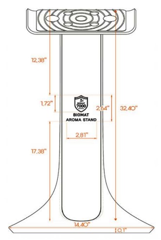 Diagram of the Biomat Aroma Stand with measurements for height and width. 