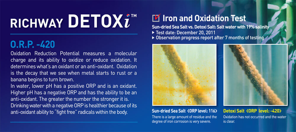 Side by side pictures showing an "Iron and Oxidation Test" with "Sun-dried Sea Salt vs Detoxi Salt: Salt Water with 19% salinity.  Test date: December 20, 2011.  Observation progress report after 7 months of testing"  The picture on the left has iron in murky water, the picture on the right has iron in clear water indicating the one on the left was oxidizing and the one on the right isn't.  Under the photo on the left, it says, "Sun-dried sea salt (ORP level: 116). There is a large amount of residue and the degree of iron corrosion is very severe."  Under the picture on the right, it says, "Detoxi Salt (ORP level: -420). Oxidation has not occurred and the water is clear." On the left, the graphic says, "Richway Detoxi" Then under that it says, "Oxidation Reduction Potential measures a molecular charge and its ability to oxidize or reduce oxidation.  It determines what's an oxidant or an anti-oxidant. Oxidation is the decay that we see when metal starts to rust or a banana begins to turn brown.  In water, lower pH has a positive ORP and is an oxidant.  Higher pH has a negative ORP and has the ability to be an anti-oxidant.  The greater the number, the stronger it is. Drinking water with a negative ORP is healthier because of its anti-oxidant ability to fight free radicals within the body."