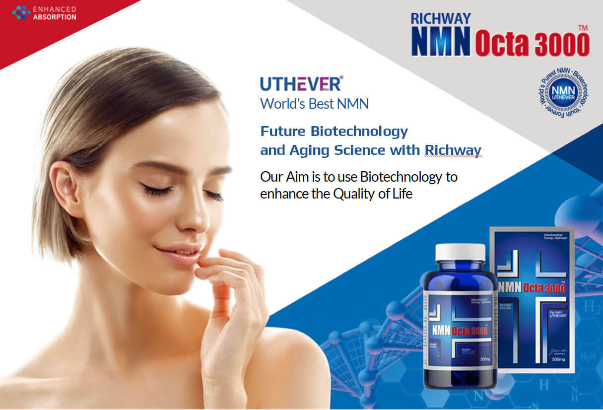 Woman looking content next to a bottle of NMN Octoa.  "Uthever - World's Best NMN. Future Biotechnology and Aging Science with Richway. Our aim is to use biotechnology to enhance the quality of life."