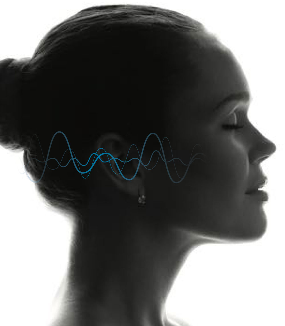 Profile picture of woman's head with illustration of sound waves entering her head