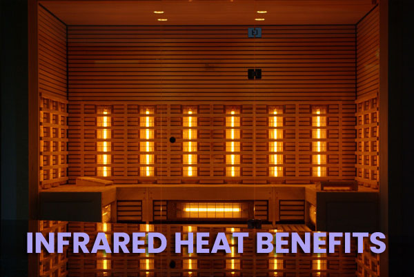 The inside of an infrared sauna that is turned on with the following heading: "Infrared Heat Benefits".