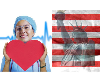 Nurse holding heart and American flag with the Stature of Liberty faded into it