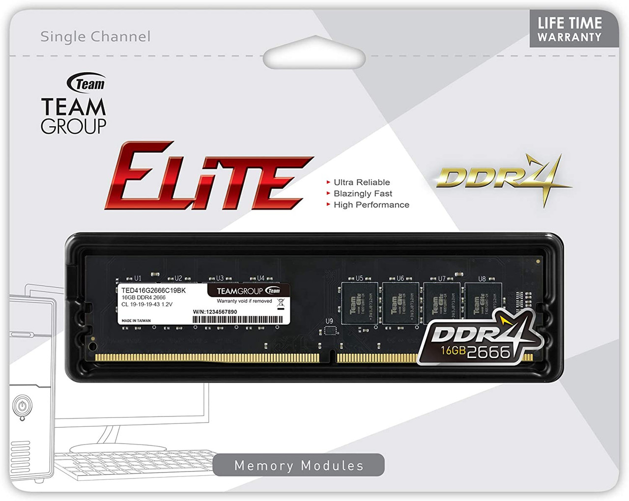 TEAMGROUP Elite DDR4 4GB Single 2666MHz PC4-21300 CL19 Unbuffered Non-ECC 1.2V UDIMM 288 Pin PC Computer Desktop Memory Module Ram Upgrade - TED48G2666C1901 - (1x8GB) Single