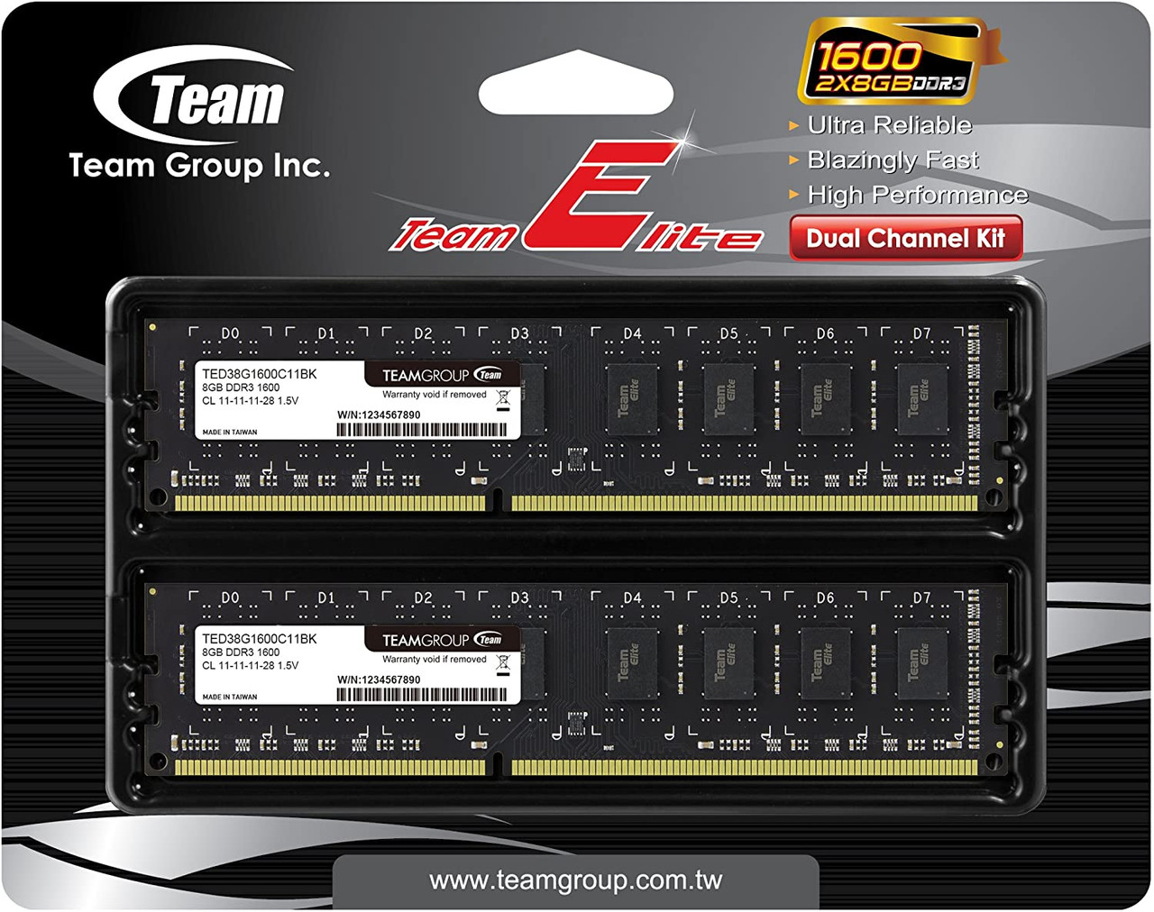 TEAMGROUP Elite DDR3 8GB 1600MHz (PC3-12800) CL11 Unbuffered Non-ECC 1.5V UDIMM 240 Pin PC Computer Desktop Memory Module Ram