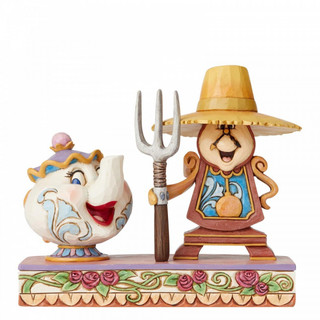 Disney Traditions Cogsworth and Mrs. Potts from Beauty and the Beast create a playful interpretation of a classic painting figurine