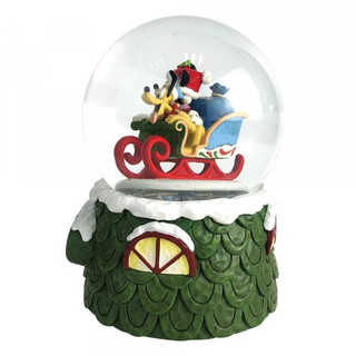 Disney Traditions Mickey plays Santa in his sleigh with his trusty steed, Pluto inside a waterball figurine