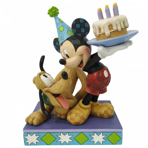 Disney Traditions Mickey mouse holds a birthday Cake out of the way of Pluto figurine