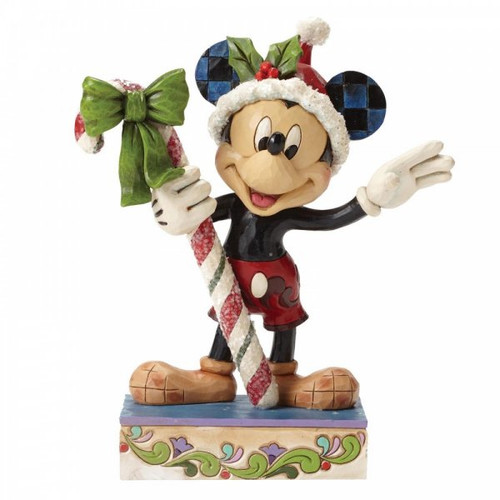 Disney Traditions Mickey Mouse covered in glitter holding a candy cane Christmas figurine