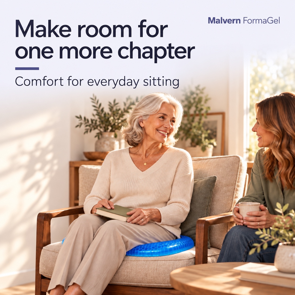 A woman reads comfortably on a FormaGel cushion in a favourite chair; Make room for one more chapter