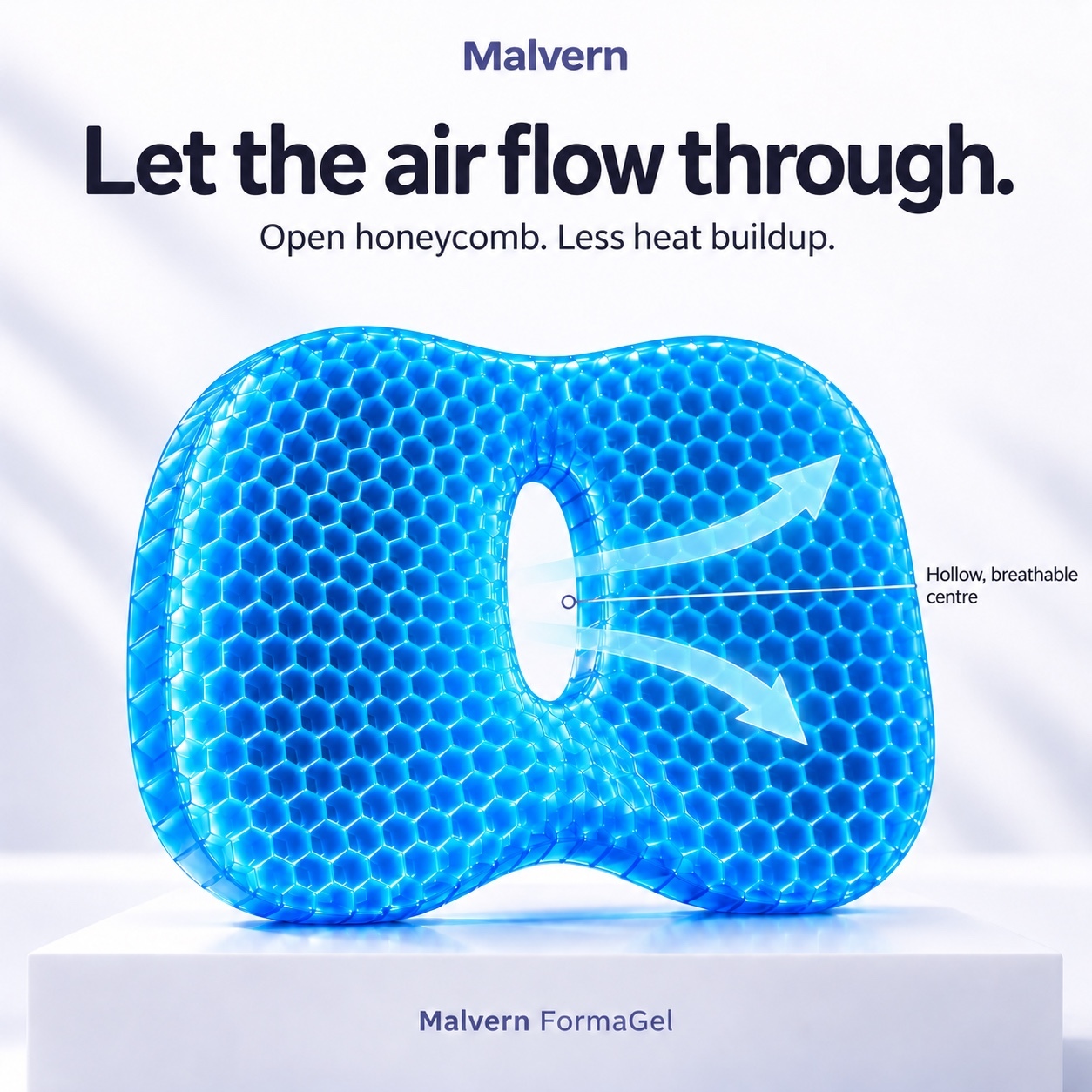 Blue honeycomb FormaGel cushion with airflow arrows and breathable channels