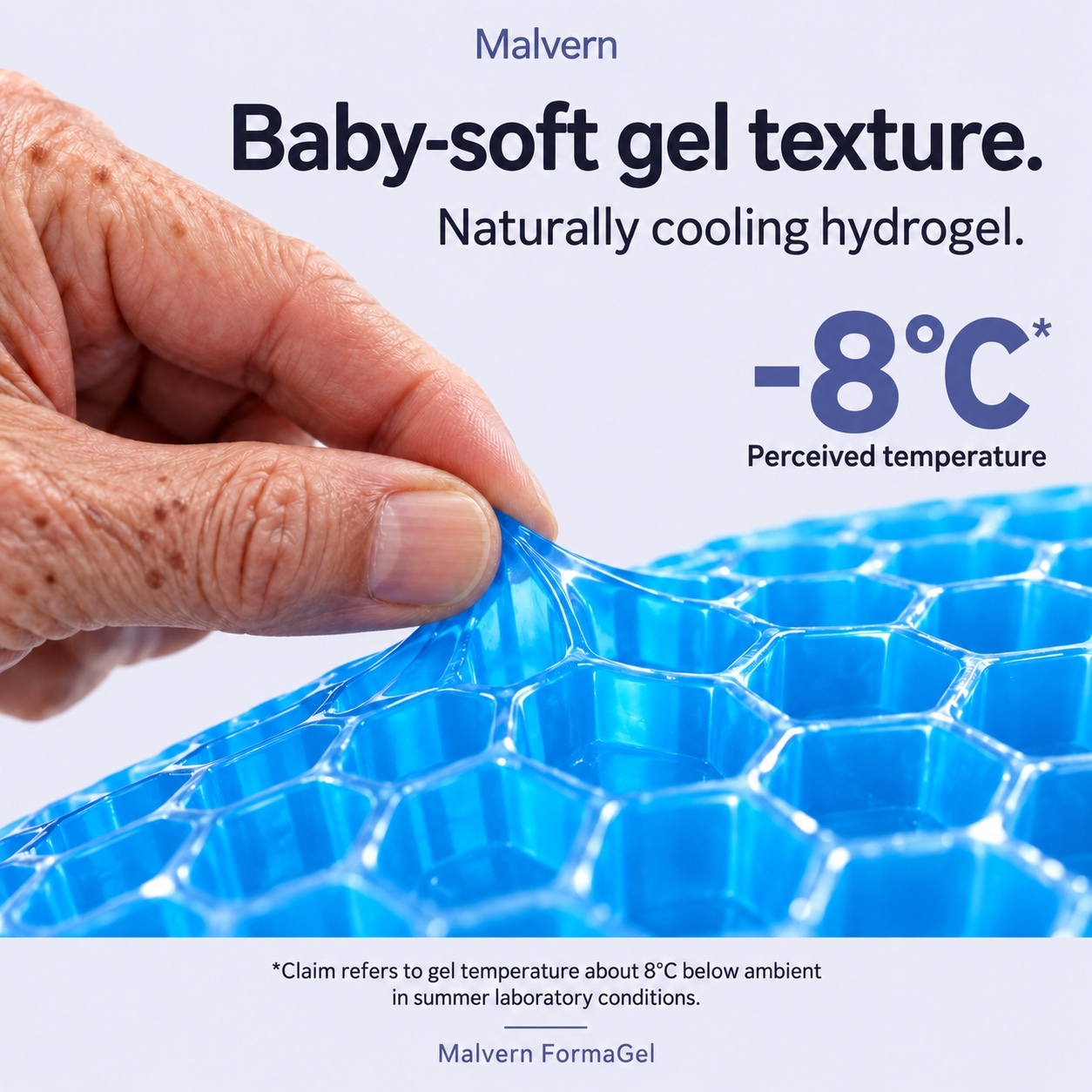 A hand presses the blue gel texture beside the supplied cooling claim and its footnote