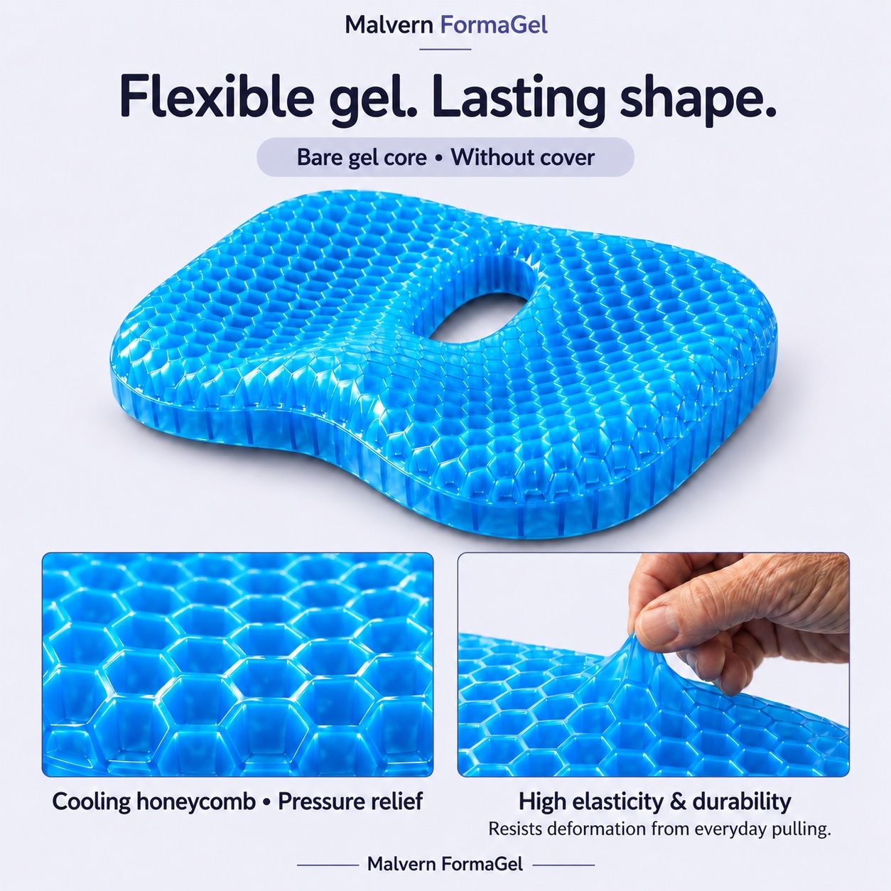 Flexible blue gel honeycomb cushion and construction detail